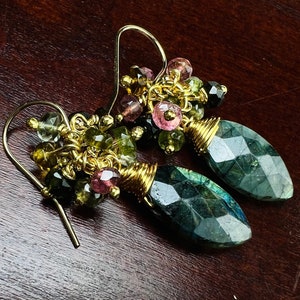 Labradorite Green Blue Flash with Watermelon Tourmaline Cluster 14k Gold Vermeil Earrings, Bridal, Boho, Beachwear, Handmade Gift