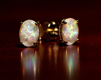 Genuine Ethiopian Fire Opal, Welo Opal, 5x7mm Oval Stud Earrings in Gold Vermeil, AAA Quality Fiery Welo Opal Dainty Elegant Earrings, Gift