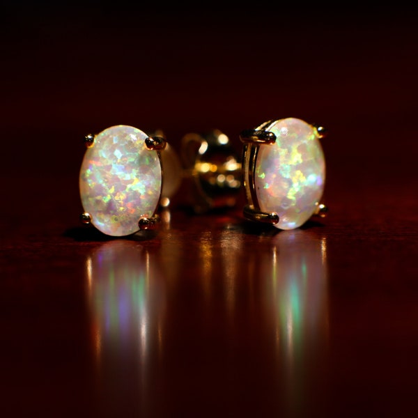 Genuine Ethiopian Fire Opal, Welo Opal, 5x7mm Oval Stud Earrings in Gold Vermeil, AAA Quality Fiery Welo Opal Dainty Elegant Earrings, Gift