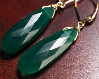 Genuine Green Onyx 9.5x25mm Wire Wrapped Briolette Teardrop in 14K Gold Filled lever back Earring, Precious Gift for her
