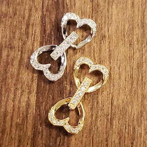 Cubic Zirconia CZ Micro Pave Diamond Style Sterling Silver Rhodium Heart Shape Fancy Clasp 11x24mm, High End Jewelry Making Folding Clasp
