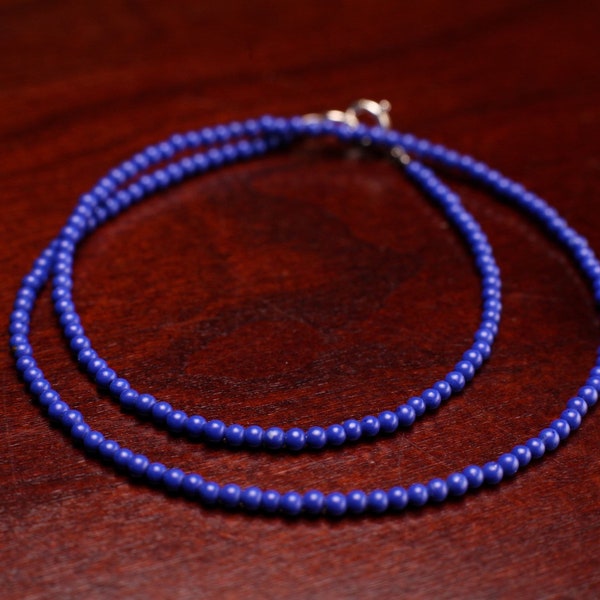 Genuine Lapis Lazuli  2mm smooth Round royal blue with  925 Sterling clasp  Choker, Layering Necklace Gemstones gift for Man and women