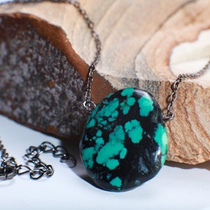 Genuine Tibetan Spiderweb Turquoise Double Sided Free Form Oval Pendant in Oxidized  Sterling Silver Cable Chain 18.5&quot; +2&quot; Extension, Gift