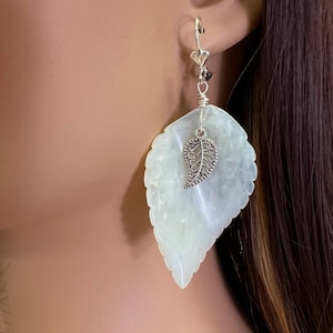 Natural Nephrite Jade carved leaf large with Bali style leaf middle Leverback earrings. Vintage Antique Handcrafted Jade earrings gift
