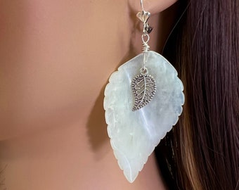 Natural Nephrite Jade carved leaf large with Bali style leaf middle Leverback earrings. Vintage Antique Handcrafted Jade earrings gift