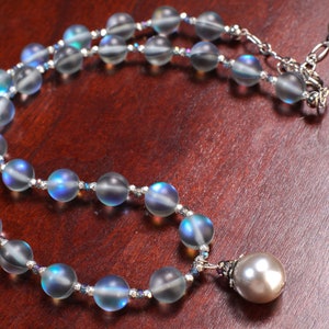 Matte Sea Glass, Mermaid glow Bead 10mm Round with South Seashell Pearl 14mm Pendant 18&quot; Necklace with optional 3&quot; Extension