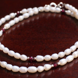 Freshwater Pearl with Genuine Amethyst or Garnet, 925 Sterling Silver spacer and Clasp Necklace, Choker, Layering, Minimalist Holiday Gift