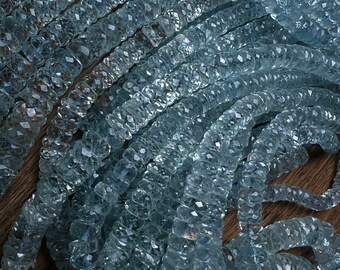 Natural Aquamarine Santa Maria Tyre wheel Heishi 5-6mm Micro Faceted cut Graduated Roundel Rare AAA clear quality beads