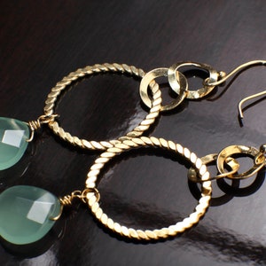 Aqua Chalcedony Faceted heart Drop Wire Wrapped Dangling with Hammered 18k Gold vermeil 925 Sterling Silver Hoop Earrings valentines gift