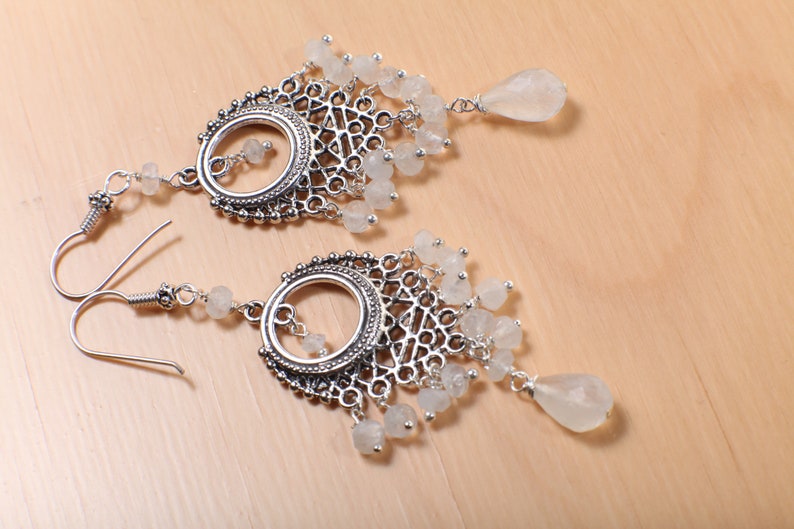 Bridal Earrings Moonstone Chandelier Earrings Briolette Teardrop Accents with Moonstone Clusters in 925 Sterling Bali Silver Ear Wire
