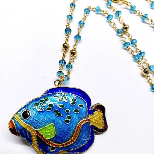 Genuine Cloisonné fish pendant 30x40mm Reversible with matching blue crystal gold beaded 20"chain. Beautiful fish lover vintage gift.