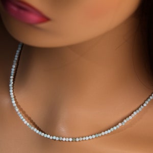 Natural Larimar Faceted 2.5mm Gemstone Choker, Layering Necklace in 925 Sterling Silver Chain and Clasp, Gift, Healing Gem