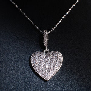 Cubic Zirconia Micro Pave Diamond Style 18mm rhodium plated CZ Heart Pendant with 925 Sterling Silver or 14K Gold Filled Necklace in 18&quot;