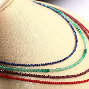2-3mm Faceted Lapis Lazuli, Green Onyx, Garnet, Bamboo Coral Layering Choker 925 Sterling Silver Necklace, Precious Gemstone