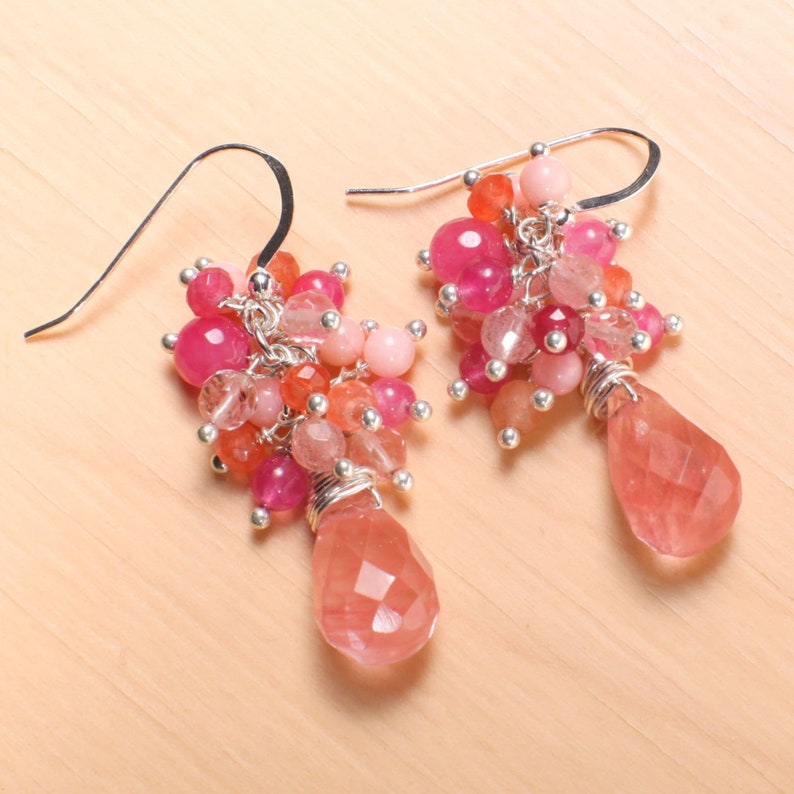 Strawberry Quartz Faceted 10x14mm drop , cluster with Pink Coral, Carnelian Cherry Quartz Wired 925 Sterling Silver Earring,summer gift