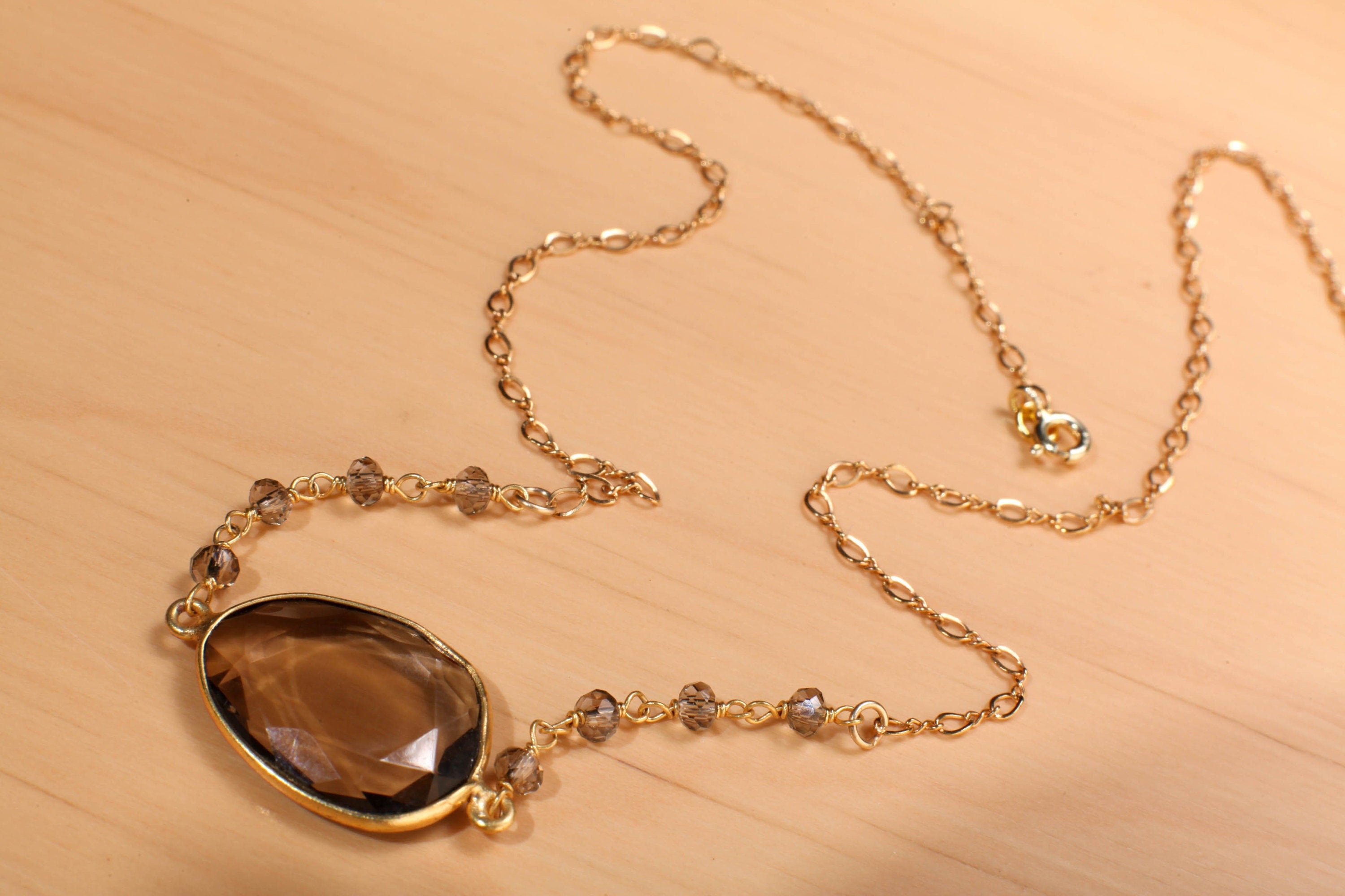 Genuine Smokey Quartz Gold Bezel with Smokey Quartz Wire Wrapped Gemstone Beaded Chain Finished in 14K Gold Filled Long and Short Oval Chain