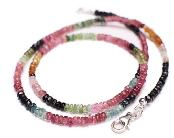 SALE--Natural Multi Watermelon Tourmaline 3.5-4mm Faceted AAA Rondelle Necklace 925 Sterling Silver,14k GF Clasp