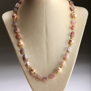 Natural Peach Moonstone raw freeform nugget wire wrapped ,south Seashell Pearl rhinestone roundel spacer handmade beautiful Necklace gift