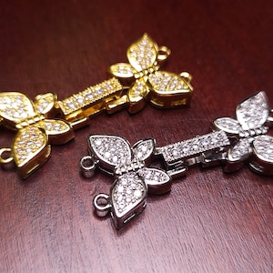 Cubic Zirconia CZ Micro Pave Rhodium Sterling Silver Diamond Style Butterfly Fancy Clasp 14x31mm long, High End Jewelry Making,Folding Clasp