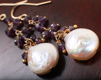 Natural Amethyst cluster Dangle with Freshwater  Natural Coin Pearl 14k Gold filled handmade earrings