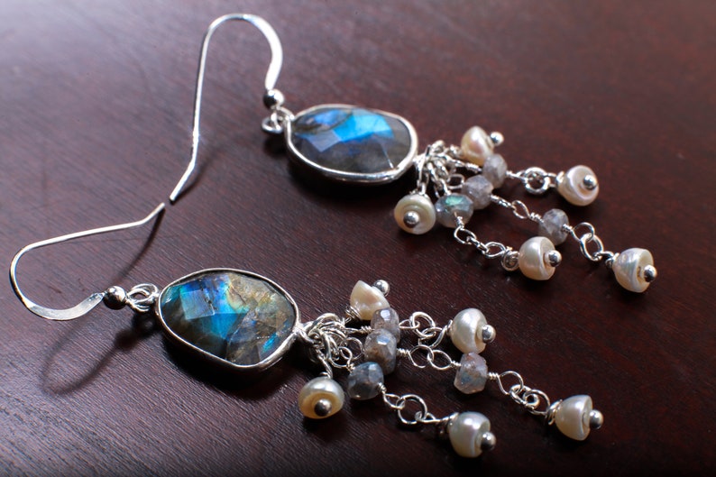 Natural Labradorite Oval Free Form Bezel and Fresh Water Pearl Labradorite Clusters in .925 Sterling Silver Earrings