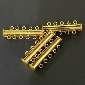 5 loop slide bar tube clasp gold plated brass multi strand clasp 30mm long, Necklace bracelet jewelry making 4pcs set .