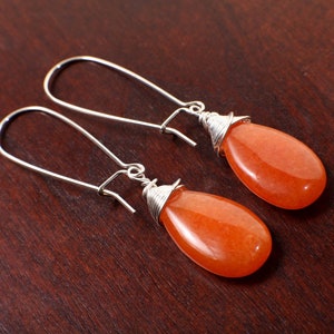 Orange Carnelian  Pear Drop Wire Wrapped Dangling Earrings in 925 Sterling Silver. Soothing Orange Earring, Handmade Gift