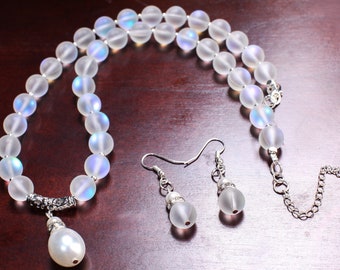 Mermaid Sea Glass 10mm Round with Baroque South Seashell Pearl Briolette Pendant Necklace, 2" Extension, Matching Earrings Jewelry Set