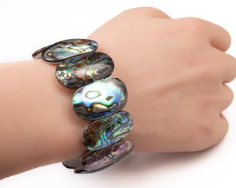 Bracelet En Abalone Naturel - Extensible 16 Mm - Gris Argenté - Neuf