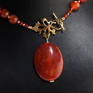 Carnelian Necklace, Natural Carnelian Faceted with Dangling Fire Agate Oval Pendant, Antiqued Gold Fancy Leaf Toggle Clasp, Gift