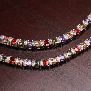 925 Sterling Silver Solid Multi Gemstone and CZ Diamond Princess cut Tennis Bracelet 7.5” Peridot Citrine Amethyst Garnet 925 stamped