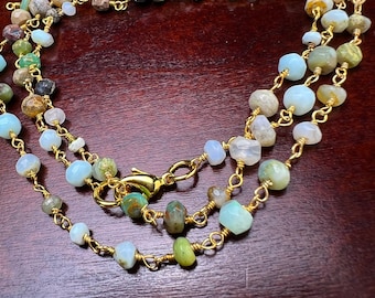 Peruvian Opal 4mm Faceted Rondelle Wire Wrapped Rosary Chain gold Necklace, choker, layering , Holiday Gift, 14&quot;- 30&quot;. Very beautiful