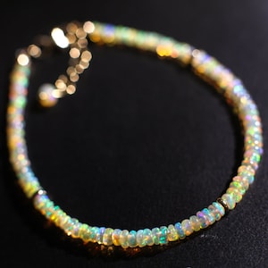 Genuine Ethiopian Fire Opal 3-3.75mm Smooth Graduated Roundel Bracelet, AAA Quality Fiery Opal Bracelet in 14K Gold Filled Chain with 1" Ext