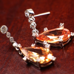 Genuine Orange Imperial Topaz Long Teardrop 10x19mm prong setting CZ diamond top 925 sterling silver Post Earrings, valentines, gift