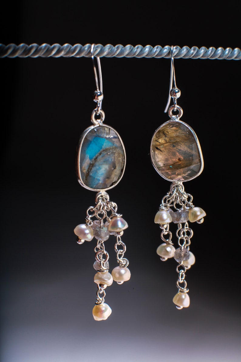 Natural Labradorite Oval Free Form Bezel and Fresh Water Pearl Labradorite Clusters in .925 Sterling Silver Earrings