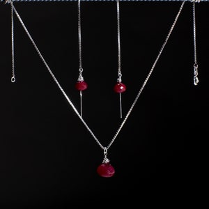 Ruby Necklace Set, Genuine Ruby Drop Briolette Onion Shape and 5" Long Threader Earrings in 925 Sterling Silver Box Chain Necklace