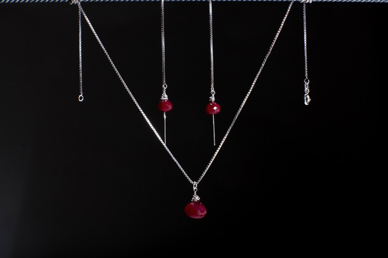 Ruby Necklace Set, Genuine Ruby Drop Briolette Onion Shape and 5" Long Threader Earrings in 925 Sterling Silver Box Chain Necklace