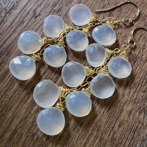 Pearl Chalcedony 9.5mm heart Briolette Wire Wrapped 14K Gold Filled Cascade Earrings . Boho, Gemstone Jewelry beautiful holiday Gift for Her