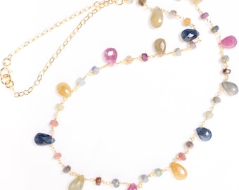 Multi Sapphire Necklace Wire Wrapped Dangling Faceted Pear Drop 5x7-6x9mm with Sapphire Rondelle in 14K Gold Filled Chain & Clasp Necklace