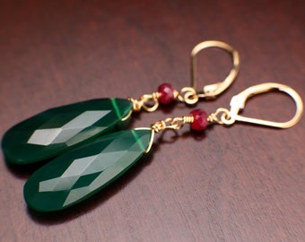 Green Onyx Faceted Long Pear Drop 10x30mm Wire Wrapped, 4mm Genuine Ruby accent 14k Gold Filled Leverback Earring, Elegant Gift