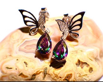 Gioielli Raffinati Orecchini a Perno con Farfalla in Argento Sterling 925 Smalto e Zirconi Colorati per Donne
