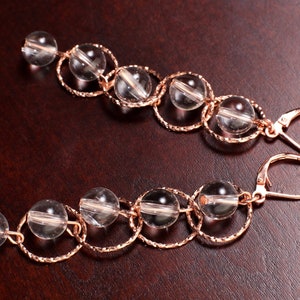 Brazilian Rock Crystal Clear Quartz Dangling Rose Gold Circle Earrings