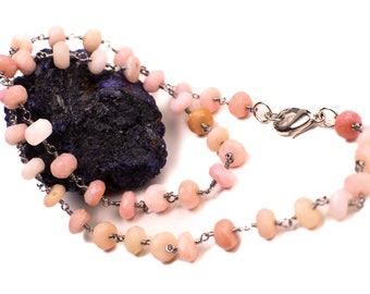 Peruvian Pink Opal Roundel 7-7.5mm wire wrapped Rhodium Sterling Silver Handmade Chain Necklace Beach Boho Summer Jewelry