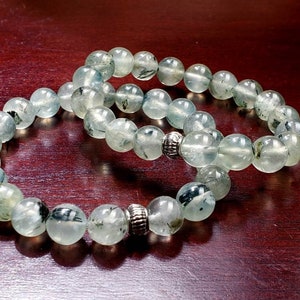 Natural Prehnite, Green Tourmalinated Quartz 8mm Smooth Round Stretchy Bracelet, Healing Gems, Chakra Gift for Her