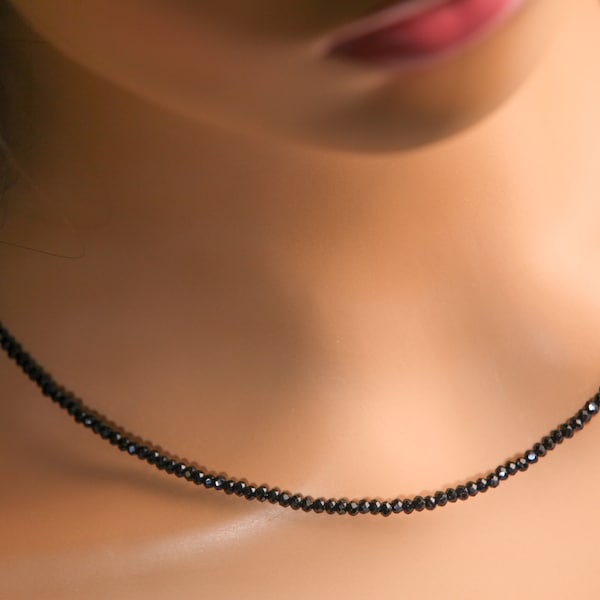 Genuine Black Spinel Necklace Faceted 2mm Diamond Cut Choker Minimalist, prom, graduation,Layering Necklace 14" to 48"