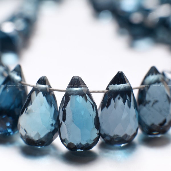 Genuine Natural London Blue Topaz Teardrop 4x7.5-9mm Faceted Diamond Cut Briolette Beads, AAA High Quality Natural London Blue Topaz