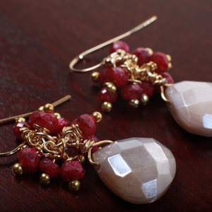 Genuine Ruby Cluster Wire Wrapped, Peach Moonstone Dangling Earrings in 14K Gold Filled Ear Wire, Valentine, Bridesmaid, Gift for her