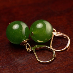 Natural Green Nephrite Canadian Jade 12mm round handmade Leverback earrings in Silver, Gold, Rose Gold, Victorian elegant minimalist Gift