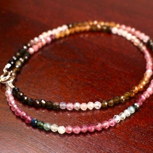 Natural Multi Tourmaline 3mm Faceted Round beaded Handmade Silver Necklace. Blue pink shaded beautiful gift