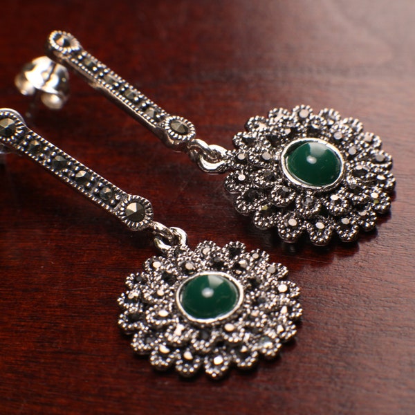 925 Sterling Silver Green Onyx 17mm Fancy Marcasite dangling stud earrings. 925 stamped, Antique vintage gift for her